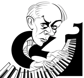 Béla Bartók, ungarischer Komponist und Pianist (1881 - 1945); Schwarz-Weiß-Karikatur am Klavier